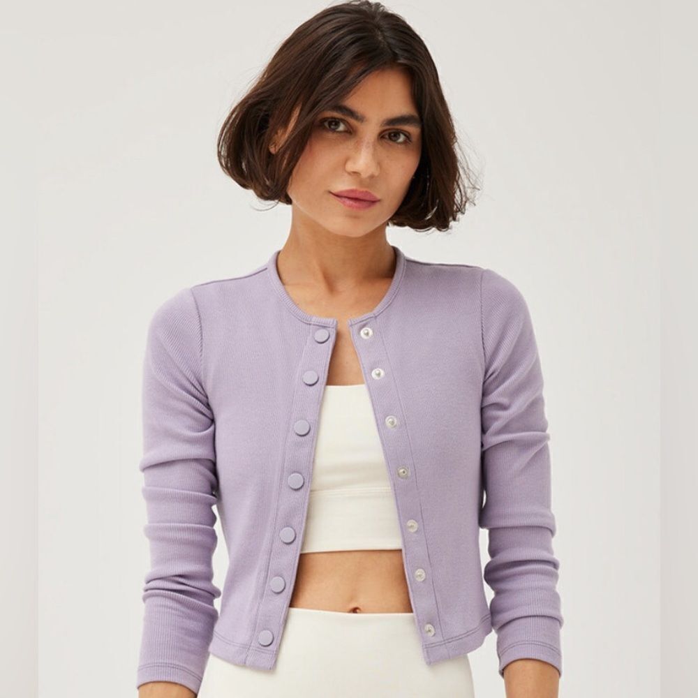 Outdoor Voices Cozy Rib Cropped Cardigan Earl Grey Lavender‎ New XS